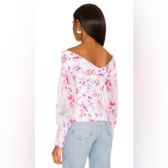 BB Dakota Off the Shoulder Top Large Smocked Blouson Sleeve Floral Boho Spring - Picture 2 of 11